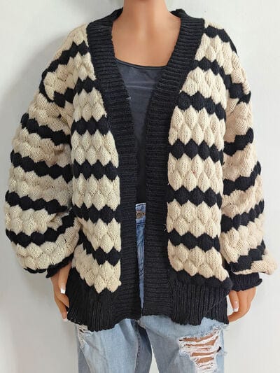 Gray Striped Contrast Open Front Long Sleeve Cardigan