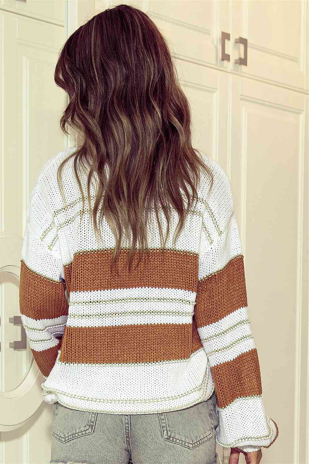 Light Gray Striped Drop Shoulder Lantern Sleeve Sweater