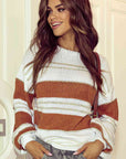 Light Gray Striped Drop Shoulder Lantern Sleeve Sweater