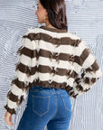 Gray Striped Fringe Round Neck Sweater