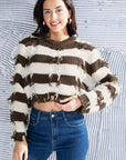 Gray Striped Fringe Round Neck Sweater