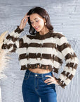 Gray Striped Fringe Round Neck Sweater