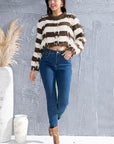 Gray Striped Fringe Round Neck Sweater