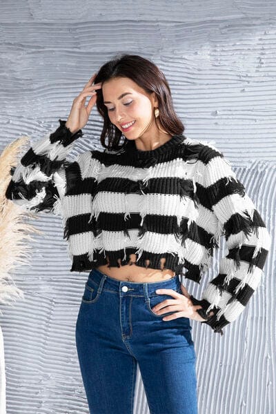 Gray Striped Fringe Round Neck Sweater