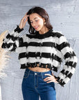 Gray Striped Fringe Round Neck Sweater