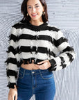 Gray Striped Fringe Round Neck Sweater