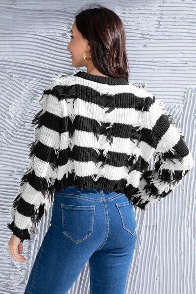 Gray Striped Fringe Round Neck Sweater