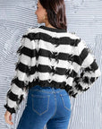 Gray Striped Fringe Round Neck Sweater