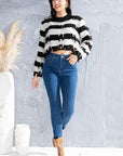 Light Gray Striped Fringe Round Neck Sweater