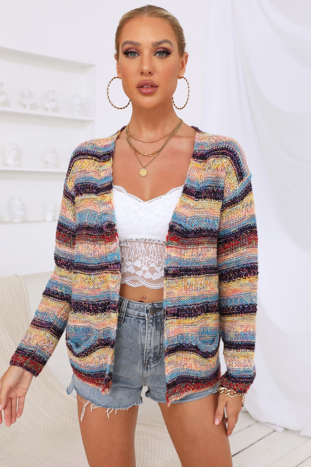 Light Gray Striped Long Sleeve Open Front Cardigan