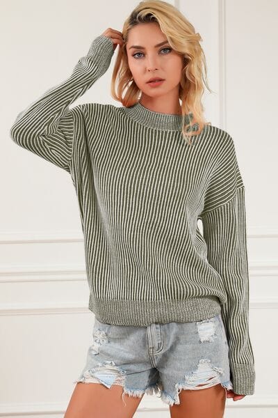 Light Gray Striped Mock Neck Dropped Shoulder Sweater