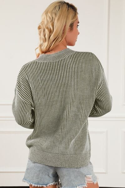 Light Gray Striped Mock Neck Dropped Shoulder Sweater