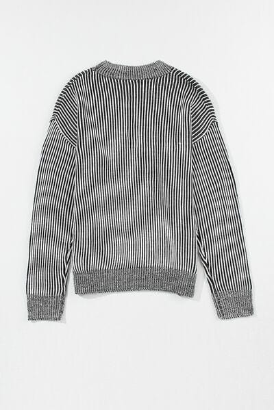 Dark Slate Gray Striped Mock Neck Dropped Shoulder Sweater