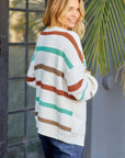 Dim Gray Striped Open Front Dropped Shoulder Cardigan