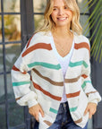 Rosy Brown Striped Open Front Dropped Shoulder Cardigan