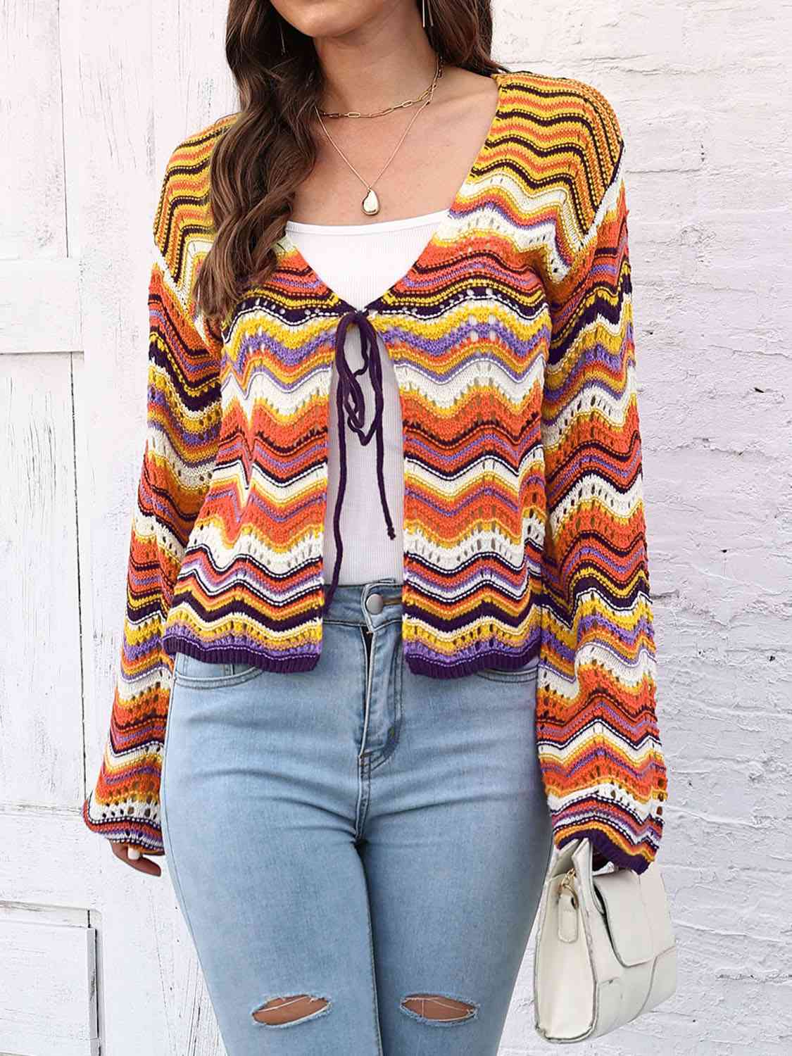 Light Gray Striped Openwork Tied Cardigan