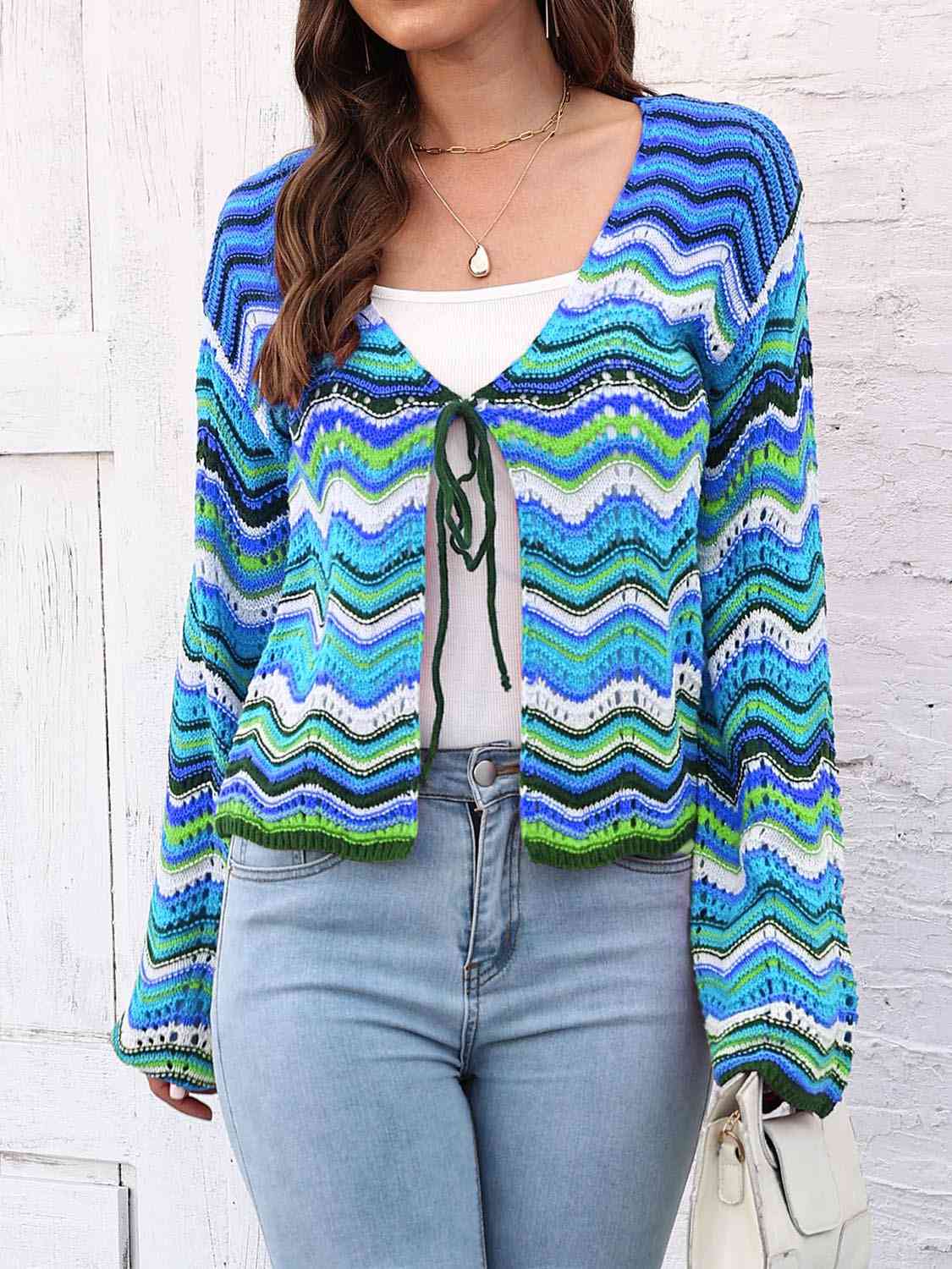 Light Gray Striped Openwork Tied Cardigan