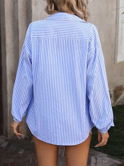 Dark Gray Striped Pocketed Button Up Long Sleeve Shirt