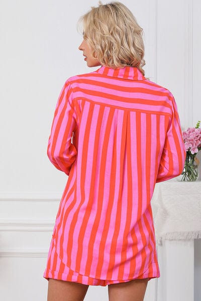 Tomato Striped Pocketed Button Up Shirt and Shorts Set