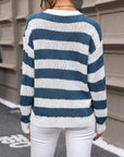 Dark Gray Striped Round Neck Dropped Shoulder Sweater