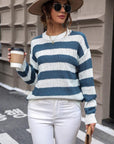 Light Slate Gray Striped Round Neck Dropped Shoulder Sweater