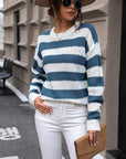 Dim Gray Striped Round Neck Dropped Shoulder Sweater