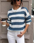 Slate Gray Striped Round Neck Dropped Shoulder Sweater