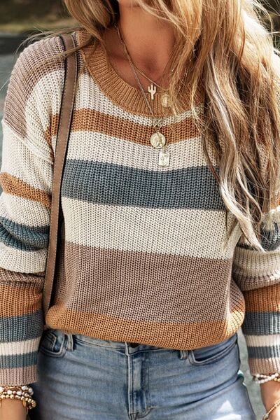 Dim Gray Striped Round Neck Dropped Shoulder Sweater