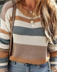 Dim Gray Striped Round Neck Dropped Shoulder Sweater