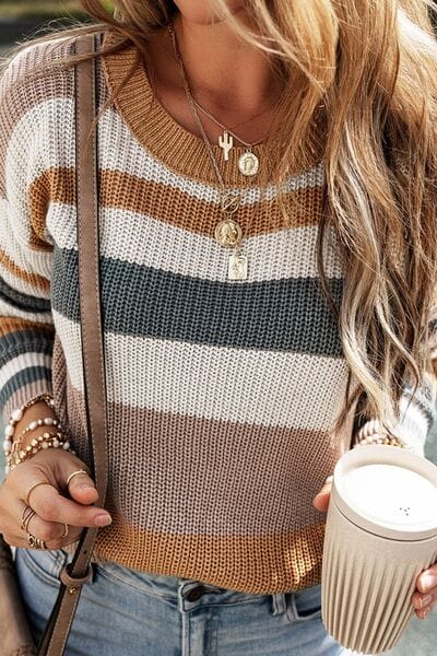 Dim Gray Striped Round Neck Dropped Shoulder Sweater