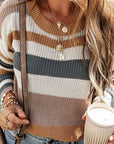 Dim Gray Striped Round Neck Dropped Shoulder Sweater