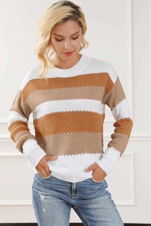 Light Gray Striped Round Neck Long Sleeve Knit Top