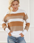 Light Gray Striped Round Neck Long Sleeve Knit Top