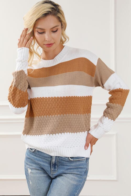 Light Gray Striped Round Neck Long Sleeve Knit Top