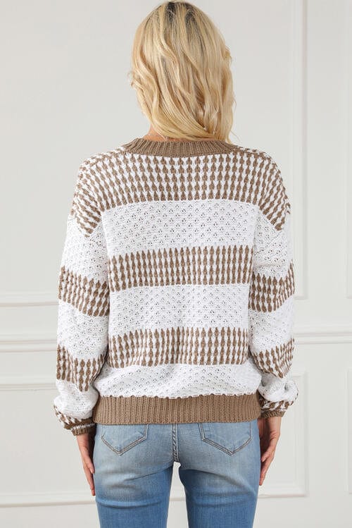 Light Gray Striped Round Neck Long Sleeve Knit Top