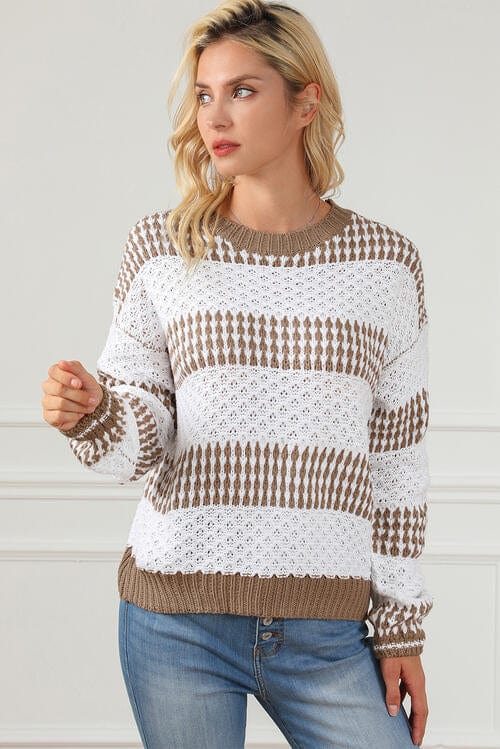 Light Gray Striped Round Neck Long Sleeve Knit Top