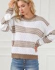 Light Gray Striped Round Neck Long Sleeve Knit Top