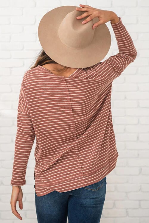 Light Gray Striped Round Neck Long Sleeve Slit T-Shirt