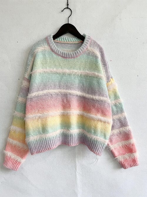 Light Gray Striped Round Neck Long Sleeve Sweater