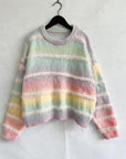 Light Gray Striped Round Neck Long Sleeve Sweater