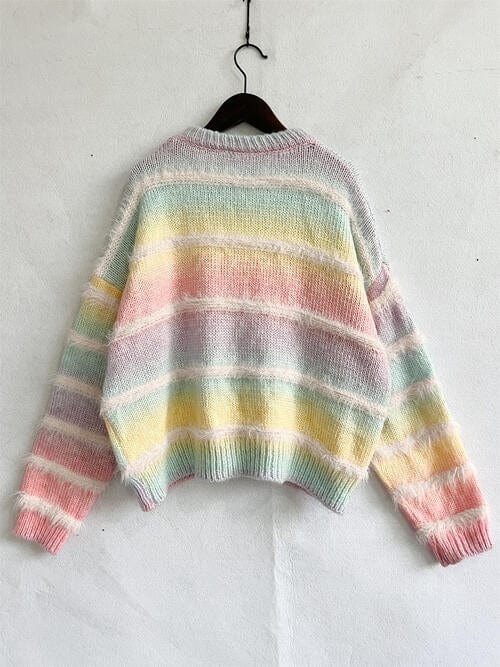 Light Gray Striped Round Neck Long Sleeve Sweater