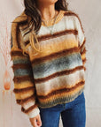 Gray Striped Round Neck Long Sleeve Sweater