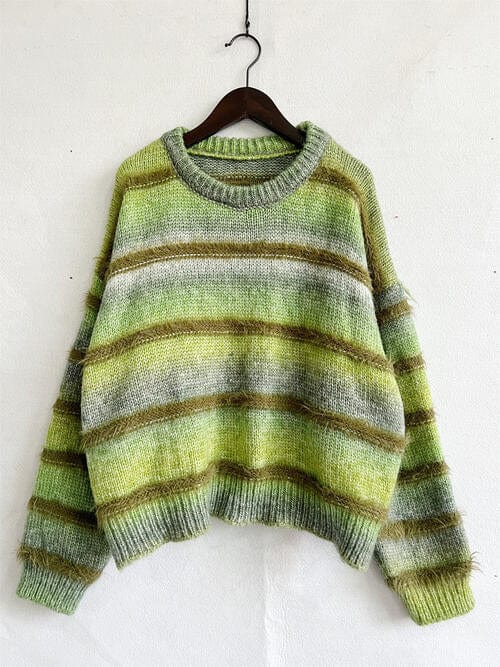 Light Gray Striped Round Neck Long Sleeve Sweater