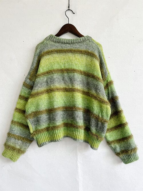 Light Gray Striped Round Neck Long Sleeve Sweater