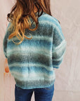 Gray Striped Round Neck Long Sleeve Sweater