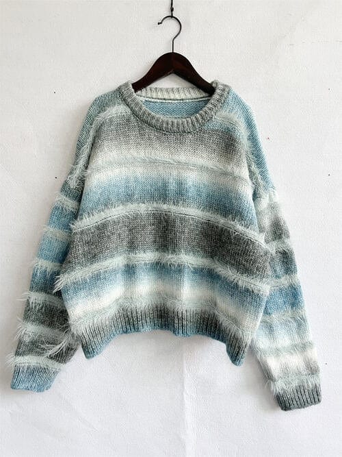 Light Gray Striped Round Neck Long Sleeve Sweater