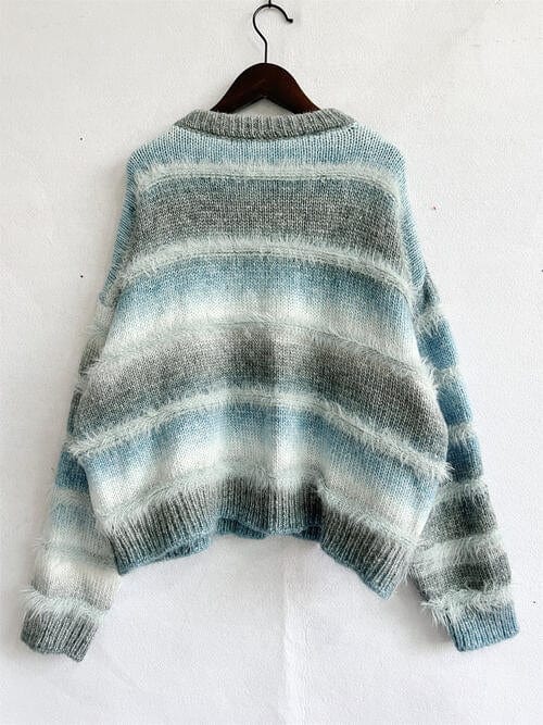 Light Gray Striped Round Neck Long Sleeve Sweater