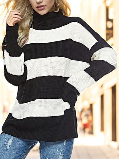 Light Gray Striped Turtleneck Long Sleeve Sweater