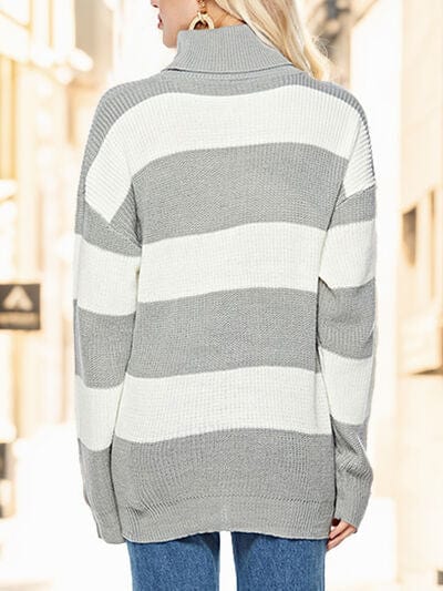 Light Gray Striped Turtleneck Long Sleeve Sweater