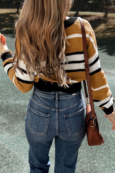 Dark Slate Gray Striped V-Neck Dropped Shoulder Sweater